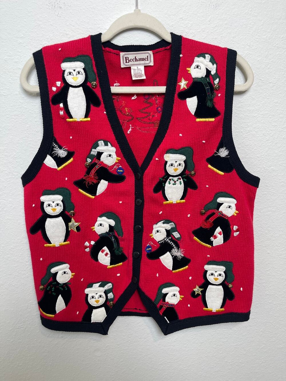 Vintage Bechamel Christmas Sweater Vest Red Penguin Applique Ugly Holiday Bells